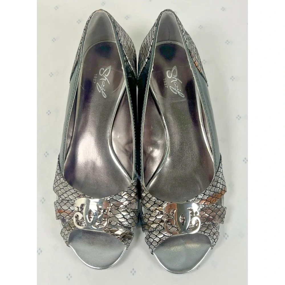 Sharif 1827‎ Womens Pewter Metallic Snakeskin Peep Toe Wedge Sandals Size 7.5 M